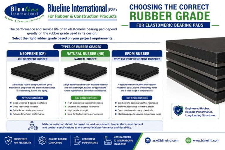 Comparison of rubber grades used in elastomeric bearing pads for bridges, precast concrete, and structural construction.