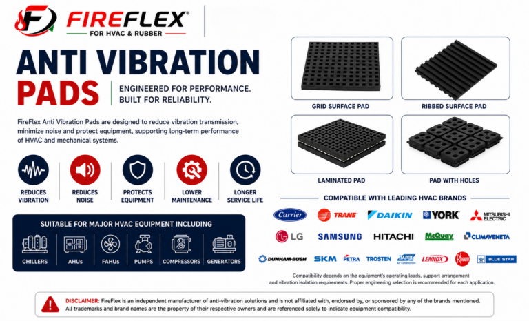 FireFlex anti vibration pads suitable for Carrier chillers installed beneath commercial HVAC equipment for vibration isolation.