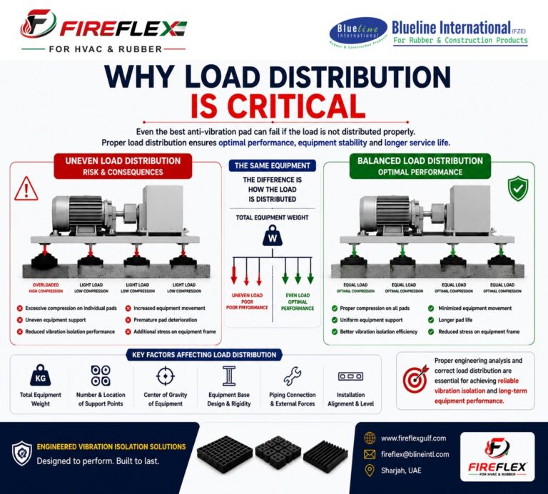 FireFlex engineering infographic explaining why proper load distribution is essential for anti-vibration pad performance, equipment stability and HVAC vibration isolation.