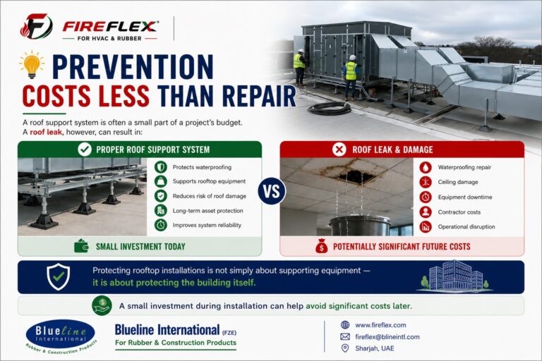FireFlex roof support system infographic showing how proper rooftop supports help prevent costly roof leaks, waterproofing repairs, equipment downtime, and long-term building damage.