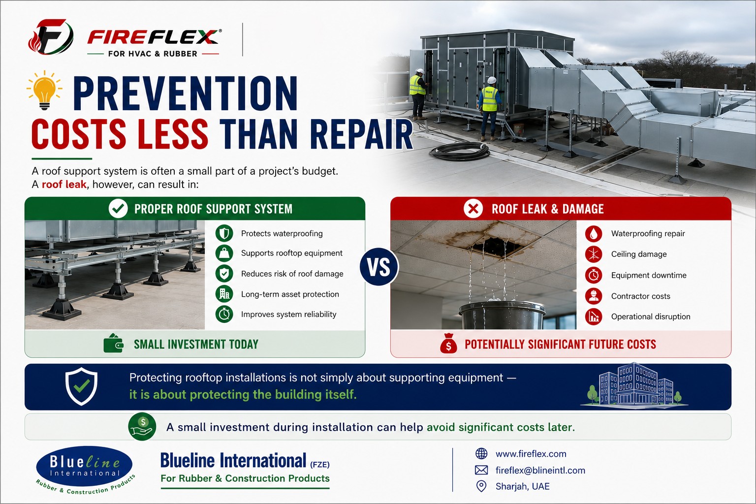 FireFlex roof support system infographic showing how proper rooftop supports help prevent costly roof leaks, waterproofing repairs, equipment downtime, and long-term building damage.