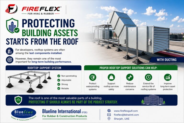 FireFlex roof support system supporting rooftop ducting and HVAC services while protecting waterproofing systems and improving long-term building asset protection.