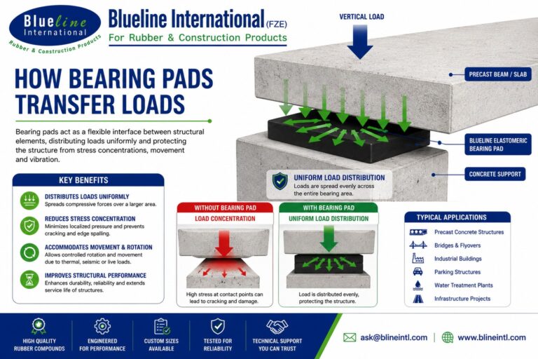 How elastomeric bearing pads transfer structural loads between precast concrete beams and supports while reducing stress concentration.