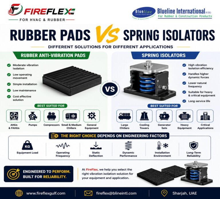 Comparison of rubber anti-vibration pads and spring isolators used for vibration isolation in HVAC and mechanical equipment.