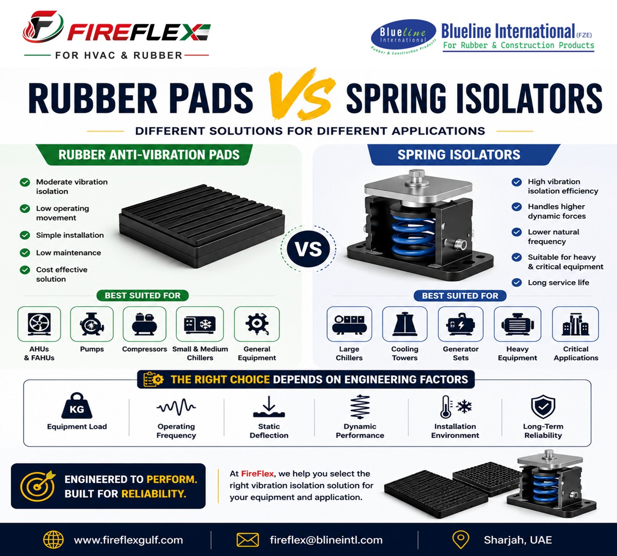 Comparison of rubber anti-vibration pads and spring isolators used for vibration isolation in HVAC and mechanical equipment.