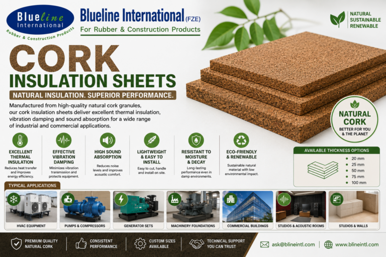 Natural cork insulation sheet for thermal insulation, vibration isolation, and sound absorption in HVAC and industrial applications.