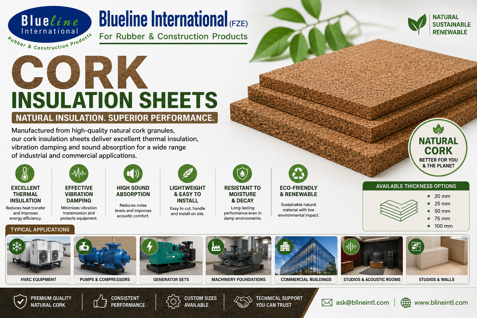 Natural cork insulation sheet for thermal insulation, vibration isolation, and sound absorption in HVAC and industrial applications.