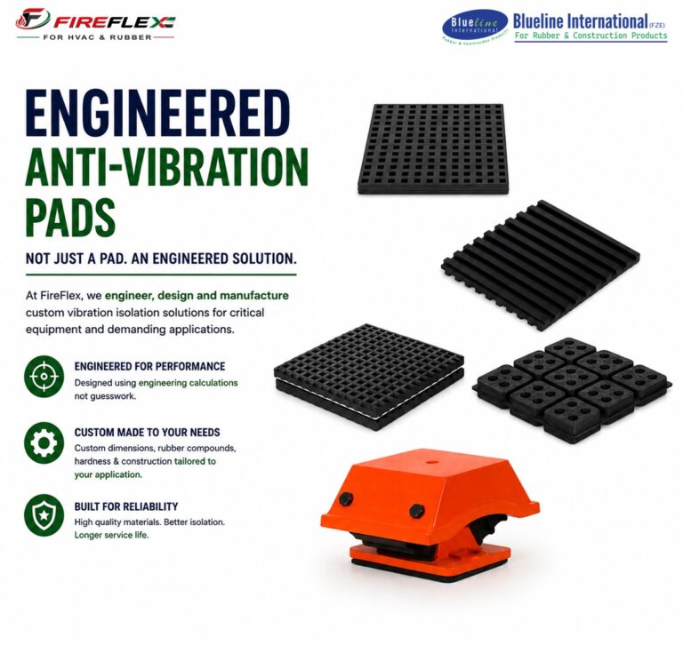 FireFlex engineered anti-vibration pads and custom rubber vibration isolation solutions for HVAC equipment, generators, pumps, chillers, cooling towers and industrial machinery in the UAE and Saudi Arabia.