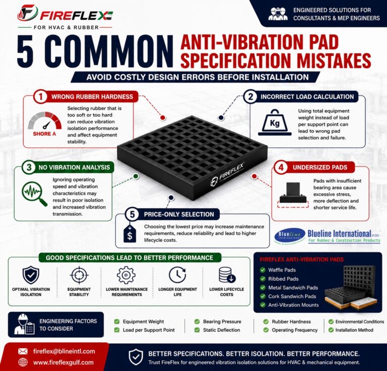 Consultant guide showing five common anti-vibration pad specification mistakes, including incorrect rubber hardness, load calculation errors, lack of vibration analysis, undersized pads and price-based selection.