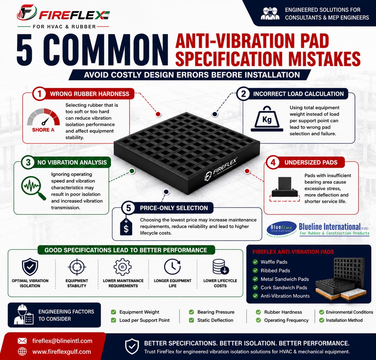 Consultant guide showing five common anti-vibration pad specification mistakes, including incorrect rubber hardness, load calculation errors, lack of vibration analysis, undersized pads and price-based selection.