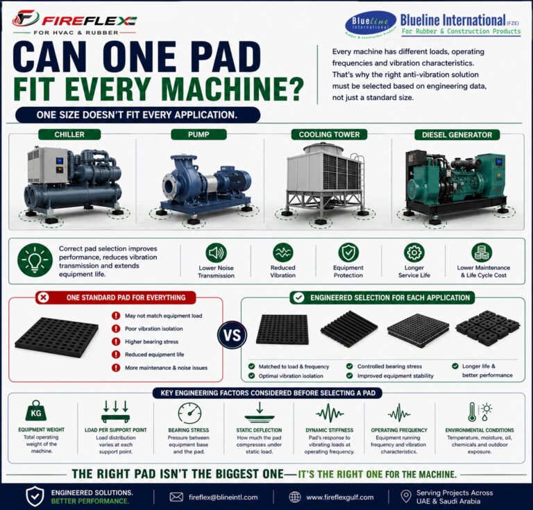Illustration comparing different HVAC and mechanical equipment with correctly selected anti-vibration pads, demonstrating that each application requires a tailored vibration isolation solution.