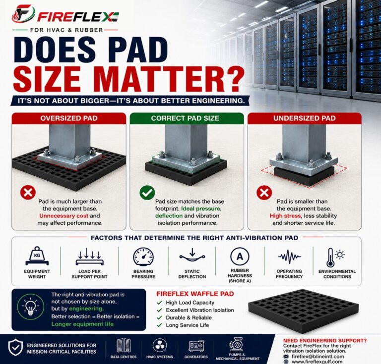FireFlex anti-vibration pad selection guide illustrating why equipment load, bearing pressure and static deflection are more important than pad size alone.