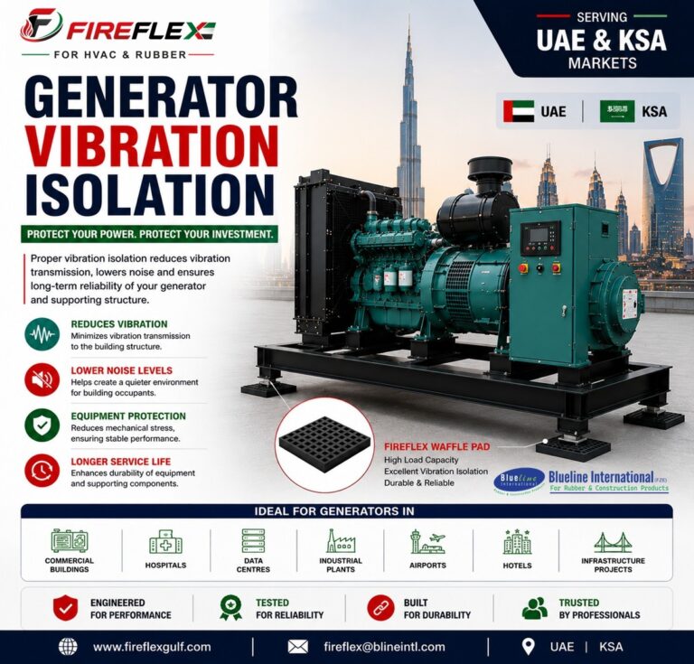 Industrial diesel generator installed on FireFlex waffle anti-vibration pads to reduce vibration, lower noise and protect equipment in commercial and industrial projects across the UAE and Saudi Arabia.