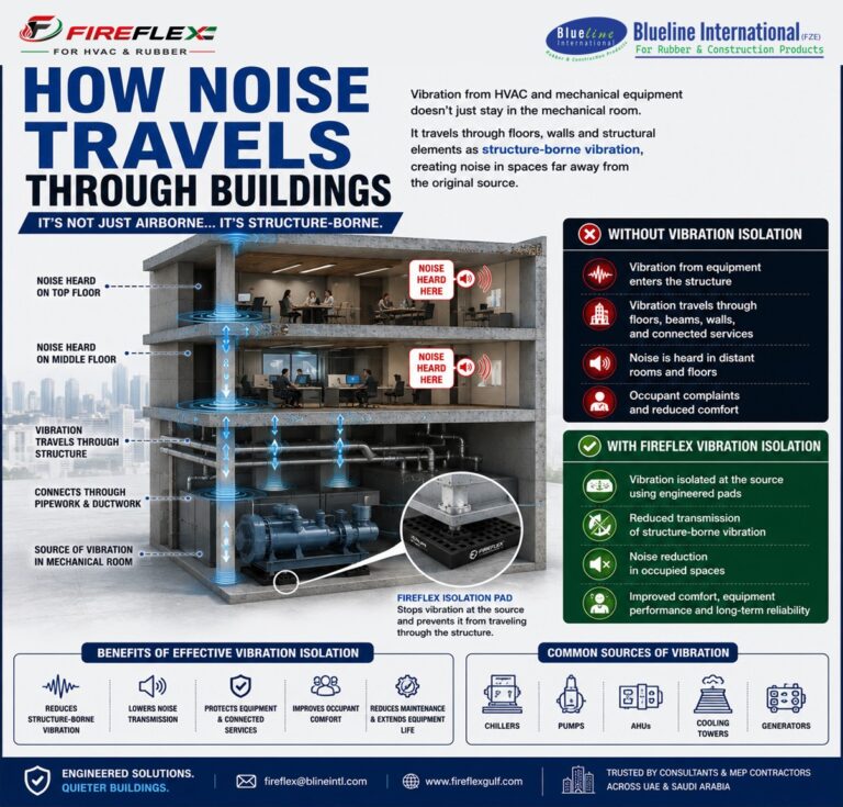 Illustration showing how vibration from HVAC equipment travels through floors, walls and structural elements, creating structure-borne noise inside buildings.