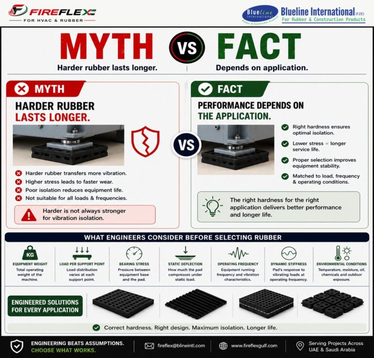 Engineering infographic explaining that the service life of anti-vibration rubber depends on application, load and operating conditions rather than hardness alone.