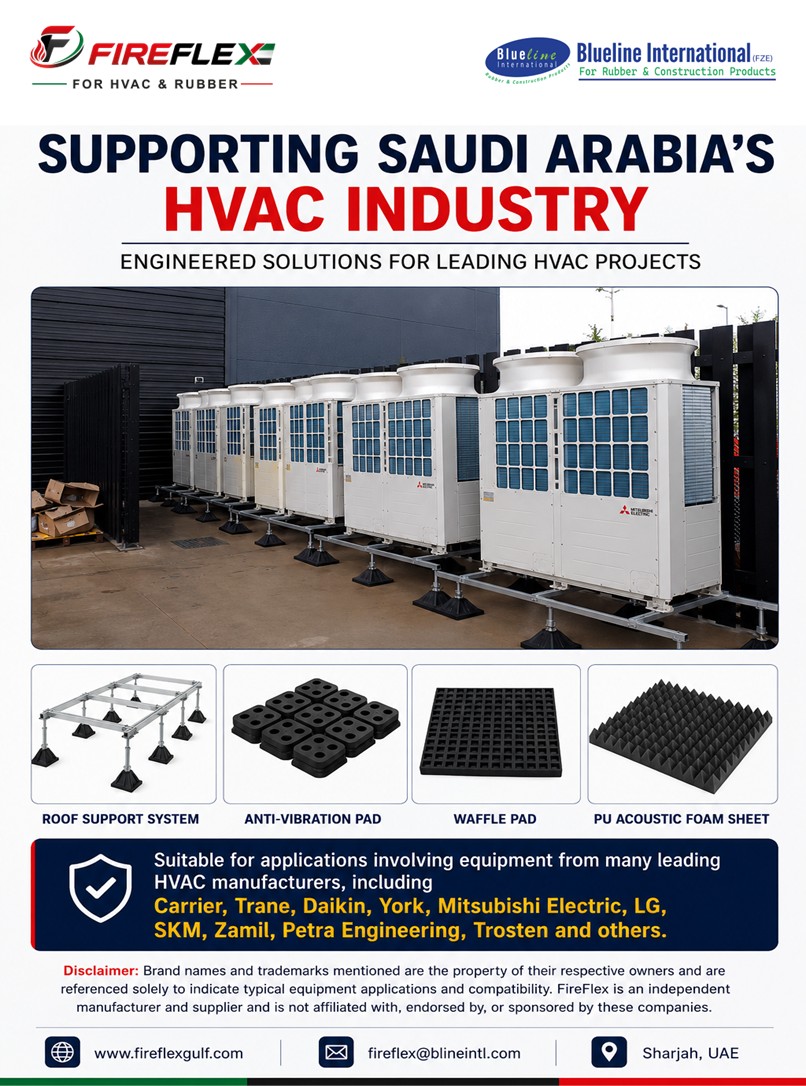 FireFlex engineered HVAC support solutions including roof support systems, anti-vibration pads, waffle pads and PU acoustic foam sheets for commercial and industrial projects across the UAE and Saudi Arabia.