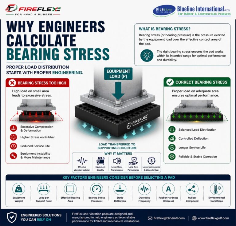 Engineering illustration explaining why bearing stress calculations are important when selecting anti-vibration pads for HVAC and mechanical equipment.