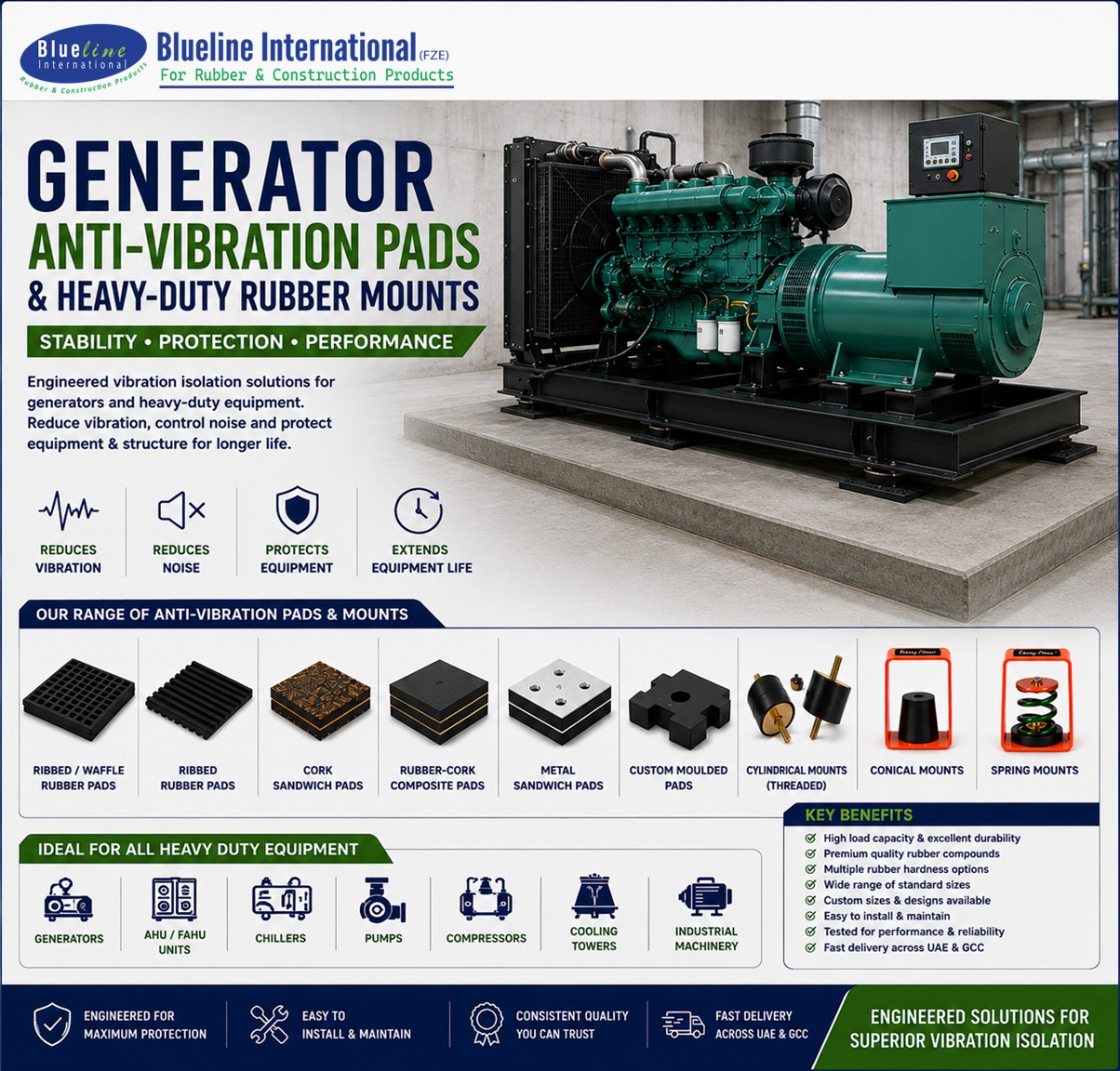 Heavy-duty Blueline anti-vibration pads installed below a diesel generator support frame