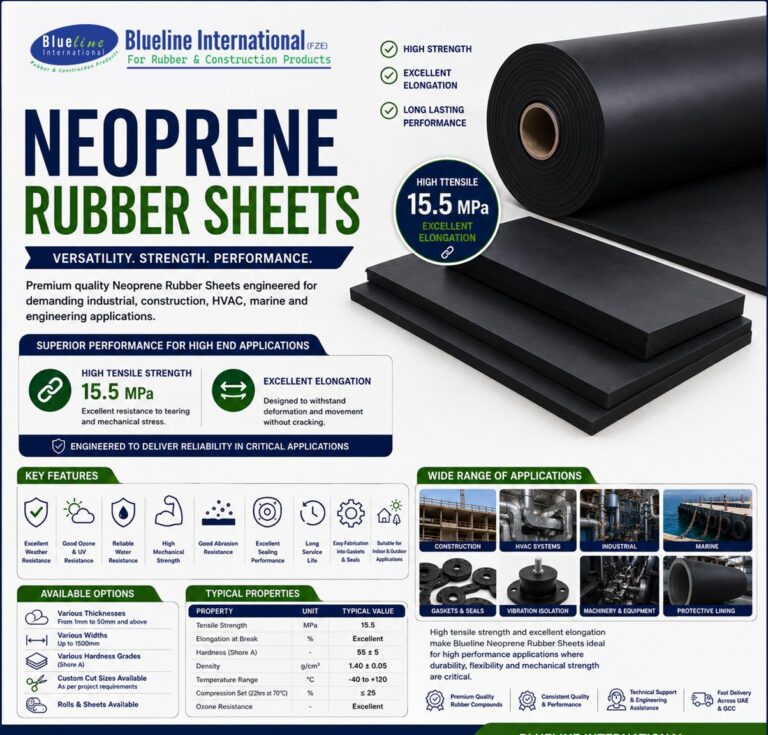 High-quality neoprene rubber sheet used for industrial gaskets, HVAC systems, construction, sealing, vibration isolation, and engineering applications.