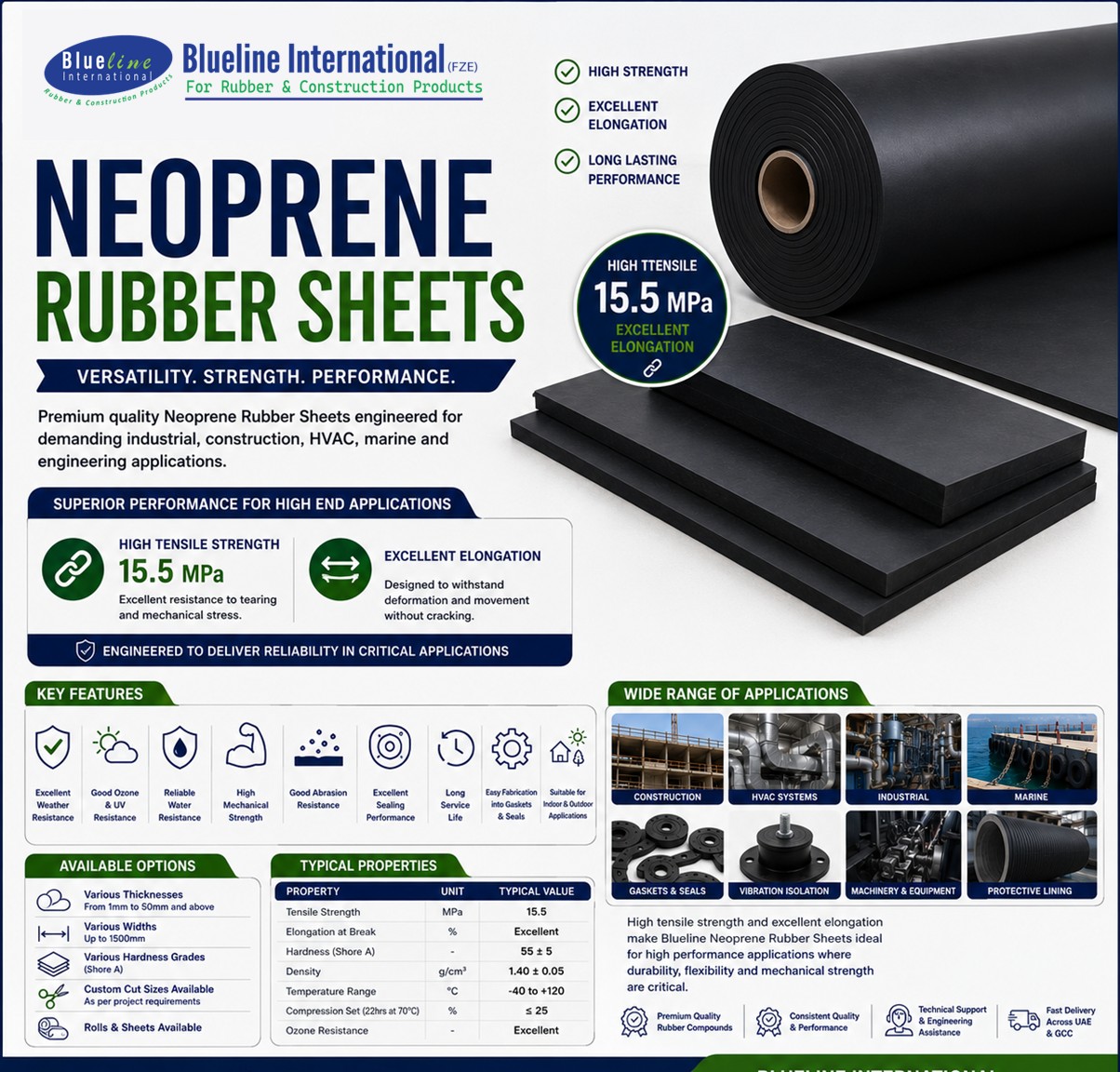 High-quality neoprene rubber sheet used for industrial gaskets, HVAC systems, construction, sealing, vibration isolation, and engineering applications.