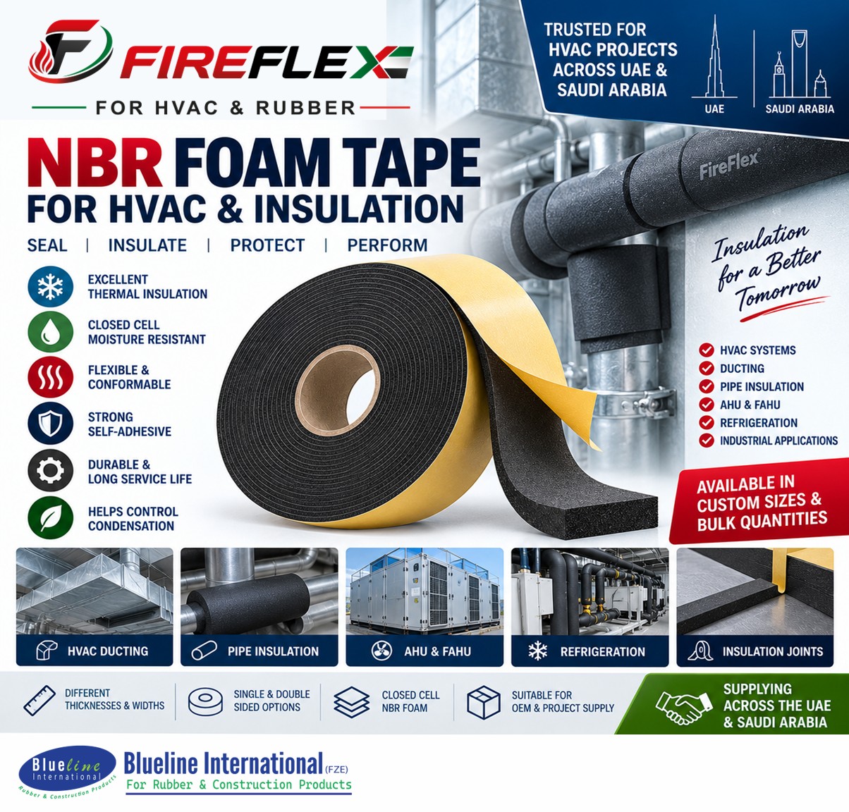 FireFlex NBR foam tape for HVAC, ducting, pipe insulation, AHU and FAHU applications in UAE and Saudi Arabia.